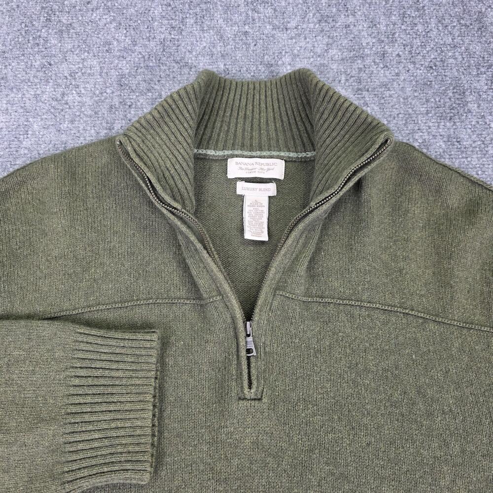 Banana Republic Sweater Mens Large Green Cashmere Angora Blend 1/4 Zip Mock Neck
